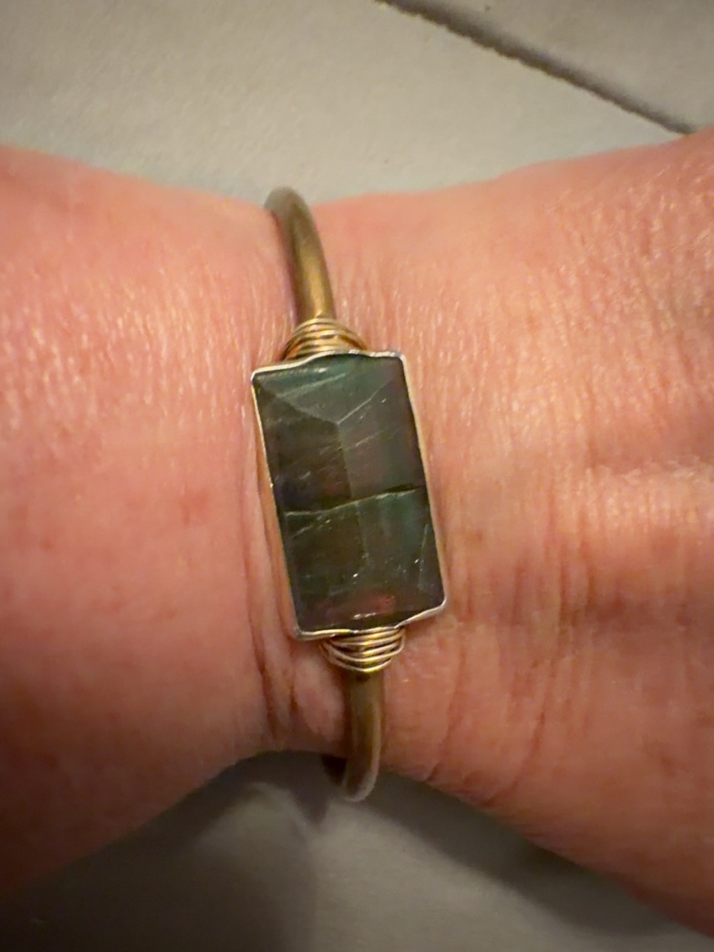 Copper tone Bangle Bracelet with Rectangular Labradorite Stone